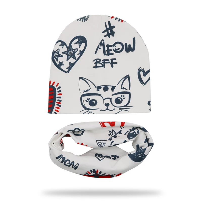 Cotton Printing Baby Hat Scarf Set Cartoon Animal Baby Cap Scarf Winter Kids Caps Bee Kitty Fox Children Hats For Boys And Girls