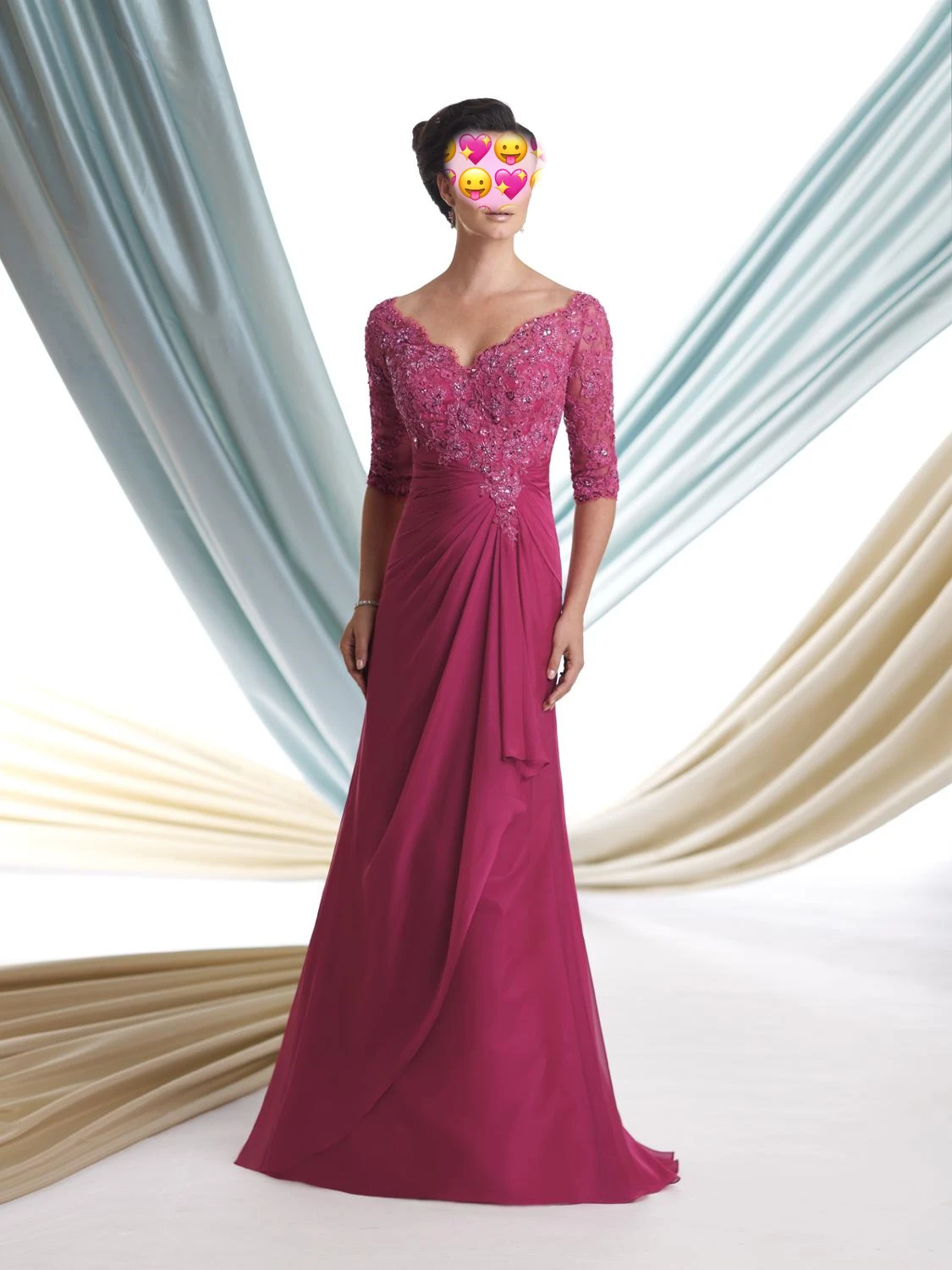 Fushia – robe de soirée en dentelle pour femmes, manches 3/4, avec perles, pour mariage