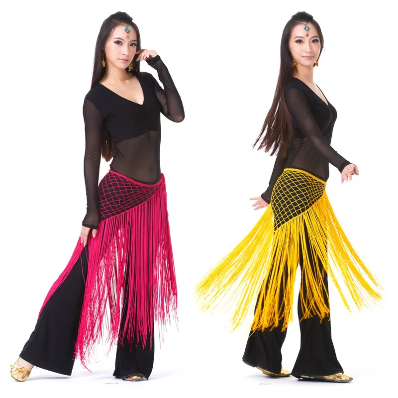 Argentina Style Belly Dance Clothes Accessories Practice Stretchy Long Tassel Triangle Belt Hand Crochet Belly Dance Hip Scarf