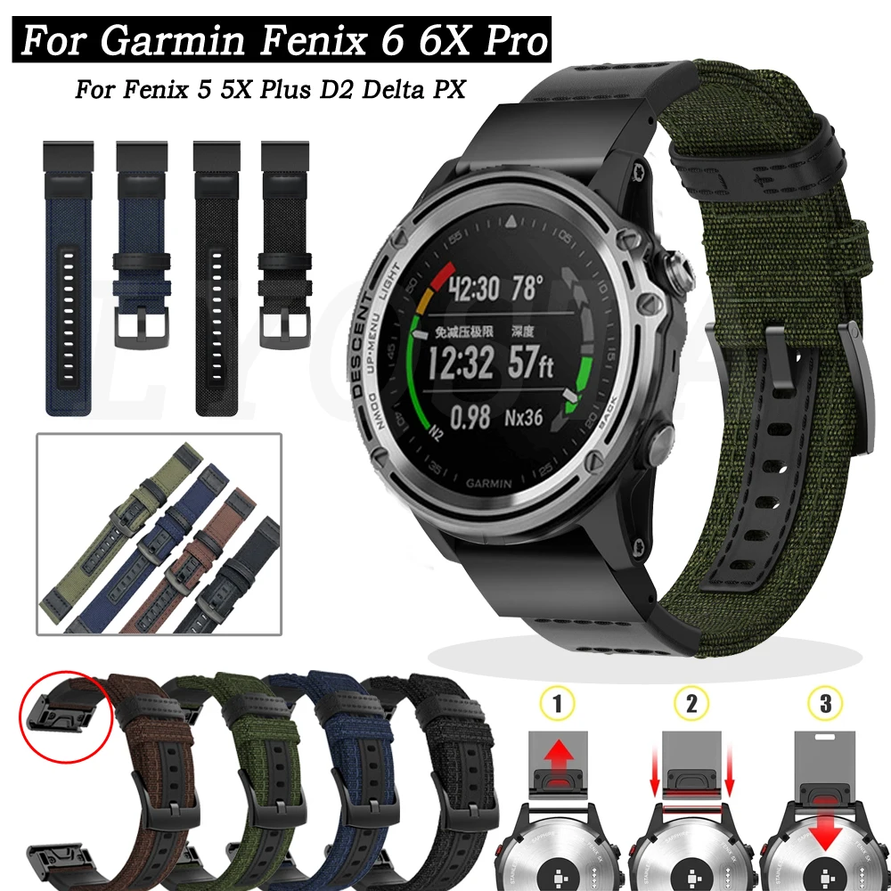 Correa de lona para reloj Garmin Fenix 5, 5X Plus, 6, 6X Pro, 935, 3HR, D2, Fenix 7, 7X, 26, 22mm