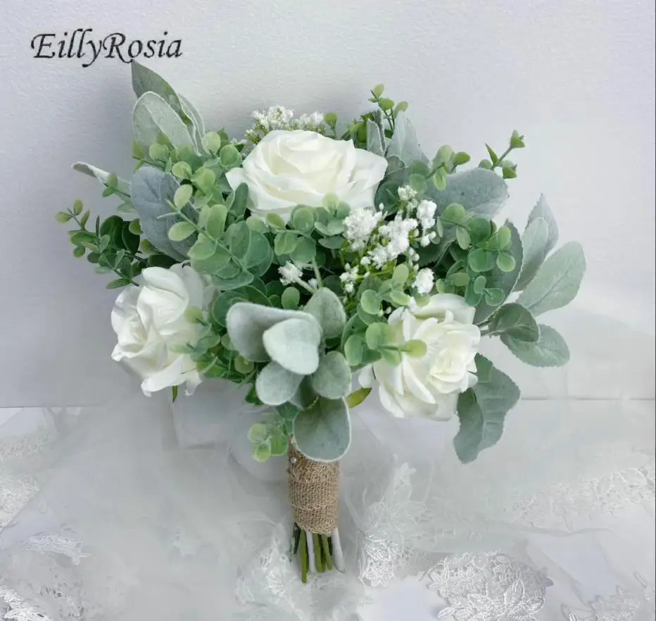 EillyRosia-ramo de flores verdes y blancas para dama de honor, rosa, eucalipto, destino de boda, ramo de novia rústico, con flores pequeñas