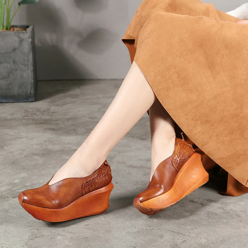 GKTINOO 2024 Spring Autumn Thick Sole Genuine Leather Shoes Comfortable Wedges Handmade Retro Women Shoes Slip On Pumps