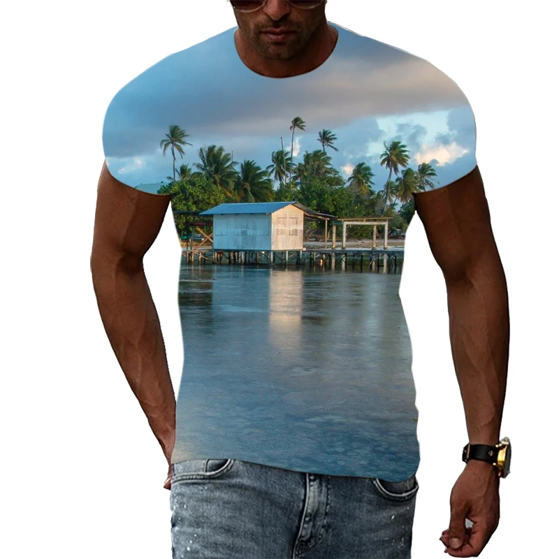 Summer Natural Scenery Print Men\'s t-shirts Fashion Landscape graphic t shirts Beach Sea View Pattern short sleeve t-shirts Top