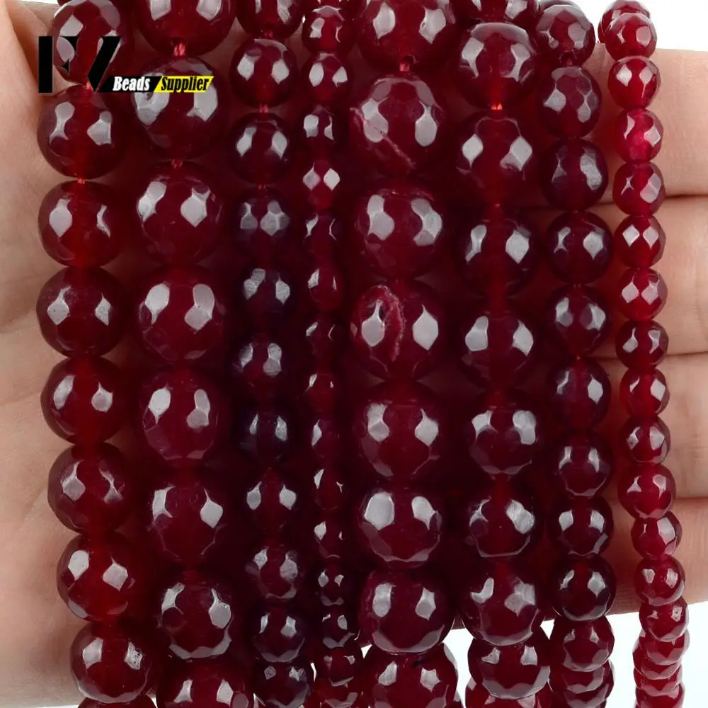 Natural Dark Red Faceted Chalcedony Stone Bead Round Loose Spacer Beads For Jewelry Making Diy Bracelet Charm 4 6 8 10 12mm 15”