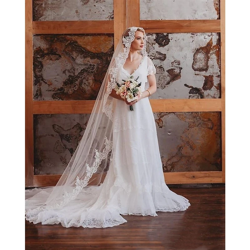 Mantilla Cathedralยาวเจ้าสาวเต็มรูปแบบขอบลูกไม้สีขาวงาช้างTulle Veilsหวี3 5เมตรVoiles De mariee Longue