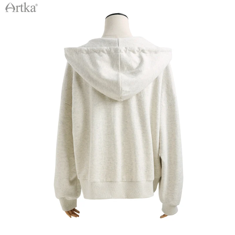 ARTKA 2021 Autumn New Women Hoodies Fashion Casual Pullover V-Neck Hoodies Loose Long Sleeve Gray Hooded Sweatshirt VA20016D