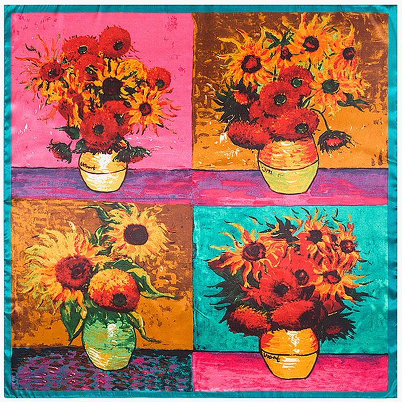 90cmHot Sale Spring Van Gogh Classic Series Oil Painting Vase Sunflower Lady Decoration Simulation Silk Scarf Large Square Scarf