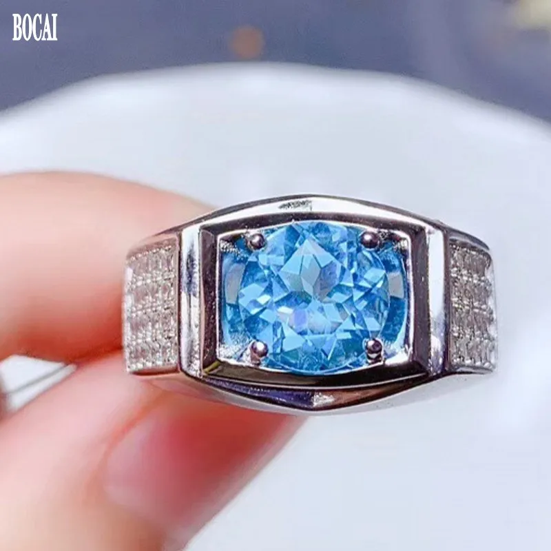 

New 100% real S925 pure Silver Natural Blue Topaz Men Ring 8 * 8mm Fashionable Delicate and Beautiful Adjustable Ring for Men