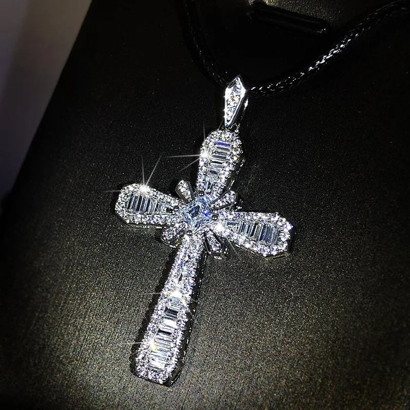 Exquisite White Zircon Cross Pendant Necklace Women\'s 925 Silver Geometric Cute/Romantic Chain Birthday Party Engagement Jewelry