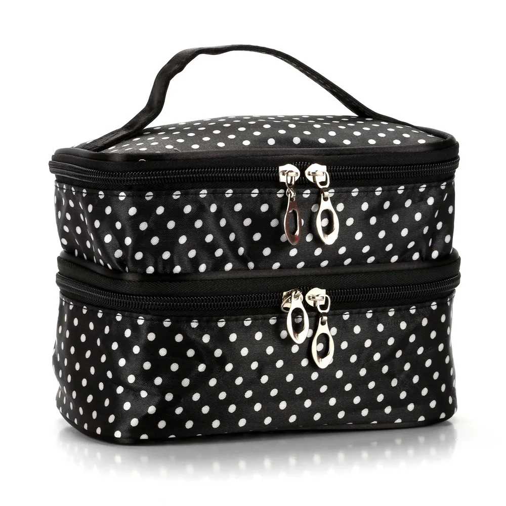 Travel Waterproof Portable Women Polka Two-layer Makeup Bag High Capacity Organizer Storage Cosmetic Cases Zipper Beauty Pouch