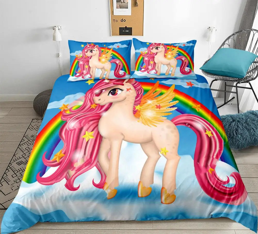 Unicorn Duvet Cover Set Rainbow Unicorn Bedding Kids Girls Cartoon Animal Quilt Cover Blue Queen Bed Set 3pcs Unicorn Dropship