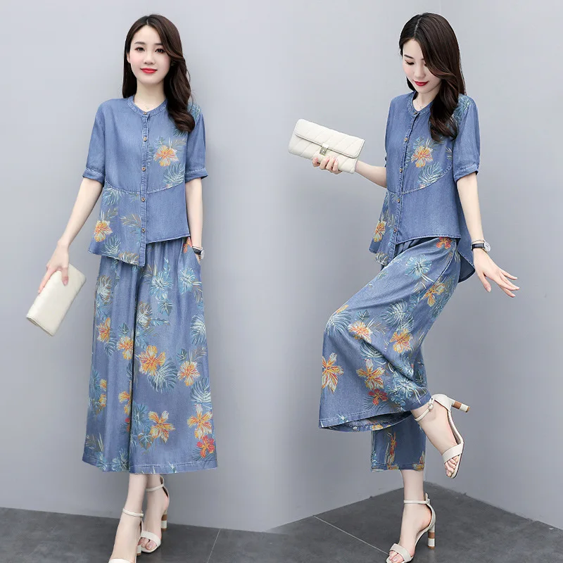 

Fashion Women's Suits Summer Printing Cowboy Sets Casual Tops & Wide-leg Jeans Female 2 Pcs Sets Trousers Pants Clothing K95