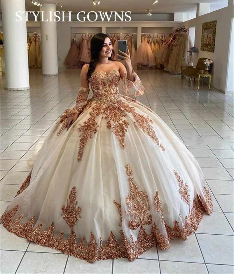 Mexiko Champagner Pailletten Quince anera Kleid Schatz Perle plus Größe Korsett Ballkleid Rüschen Ballkleid Luxus süß 16