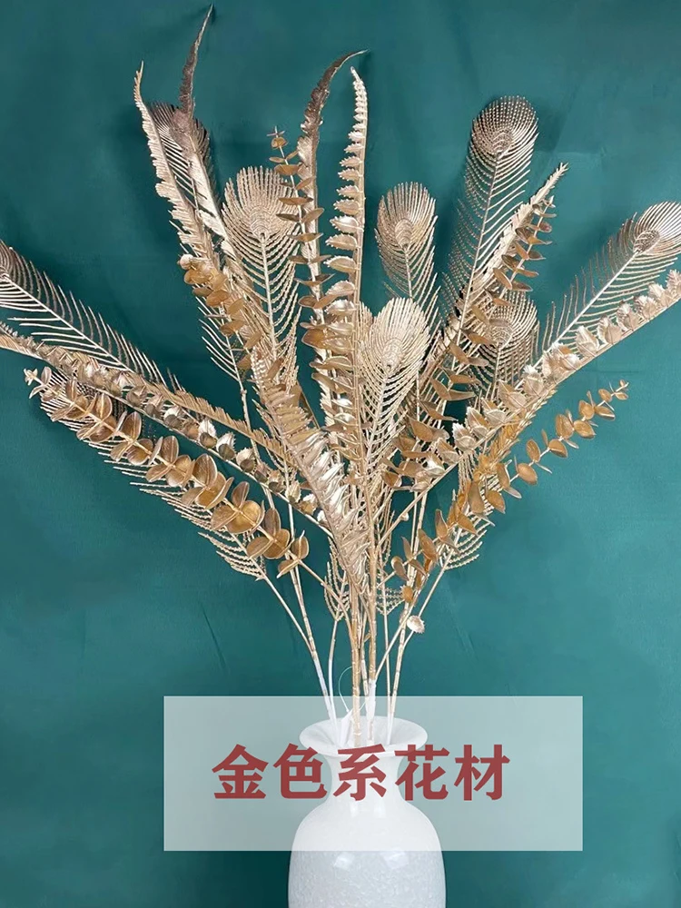 Gold -Tone Series Plastic Artificial Flowers 5 Fork Eucalyptus Ginkgo Leaf Coins Leaf Heart Grass Wedding Festival Decoration