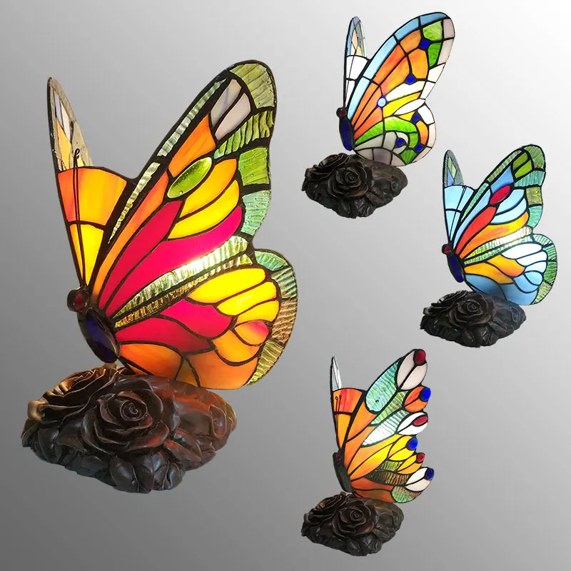 Mediterranean Butterfly Tiffany Table Lamps Retro Stained Glass Desk Lamp for Bedroom Bedside Vintage Living Room Light Fixtures