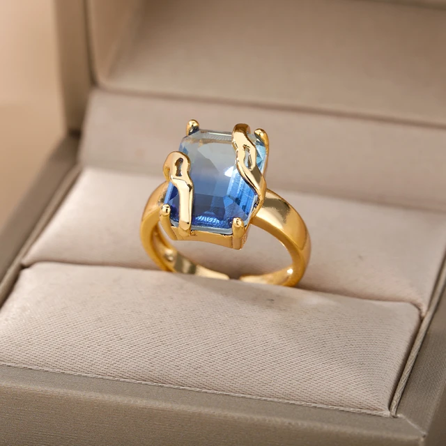 Cubic Zircon Blue Square Stone Rings For Women Stainless Steel Square Stone Finger Ring Party Aesthetic Valentine Jewelry Gift
