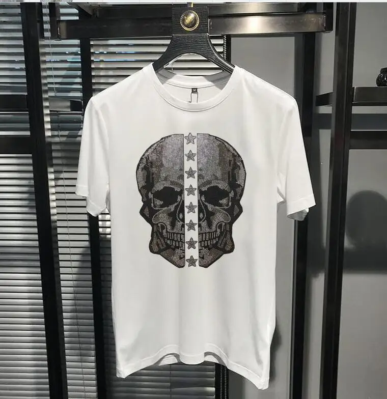 M-5XL Skull Rhinestones T Shirts Men Summer top tees O Neck Slim fit Tshirts high quality