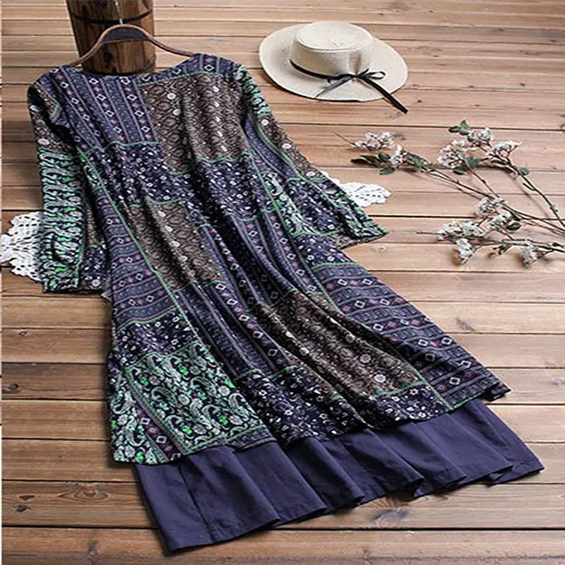 Autumn new large size casual ladies retro V-neck cotton and linen printed stitching buttons long sleeve fake two-piece dress