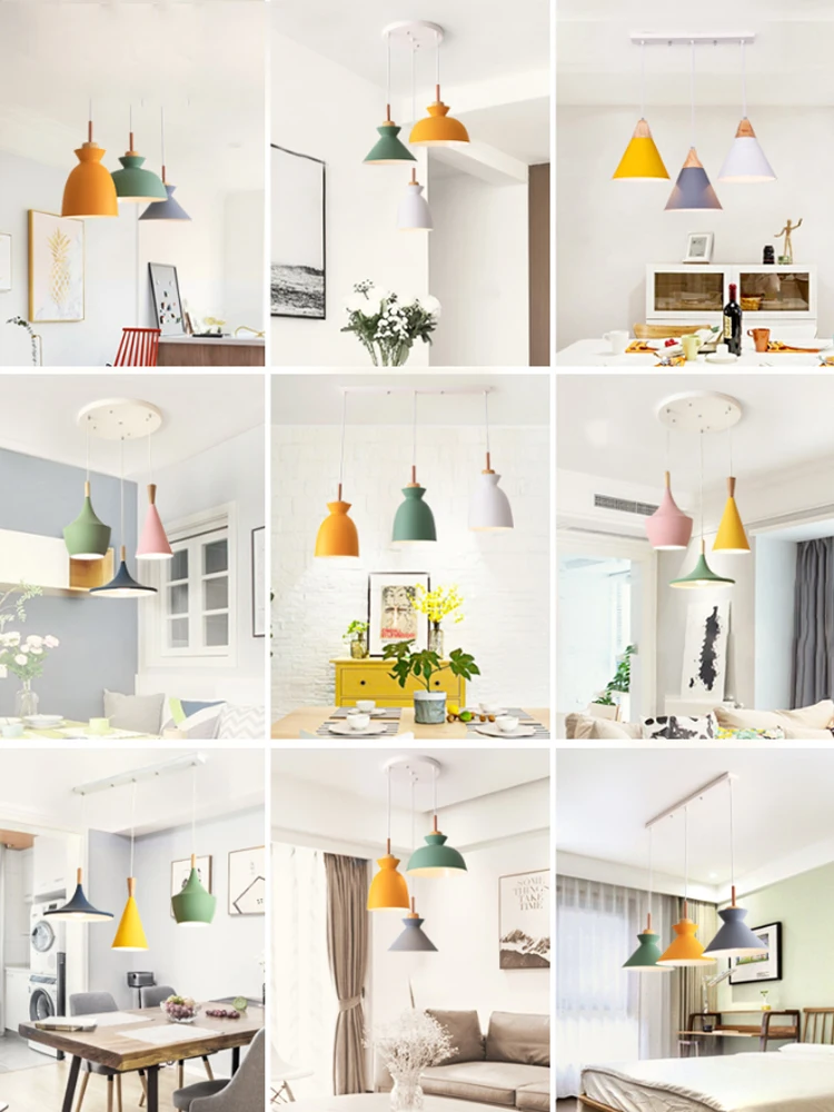 Modern Pendant 3 Heads Round Straight E27 Macaron Lampshade For Restaurant Coffee Shop Living Room Europe Cord Pendant Lights