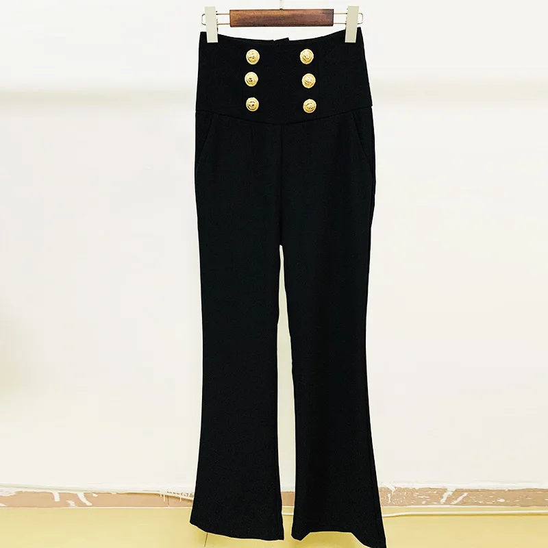 Black White Flare Pants Women 2021 New Double Breasted Gold Metal Lion Button High Waist Slim Full Length Office Casual Trousers