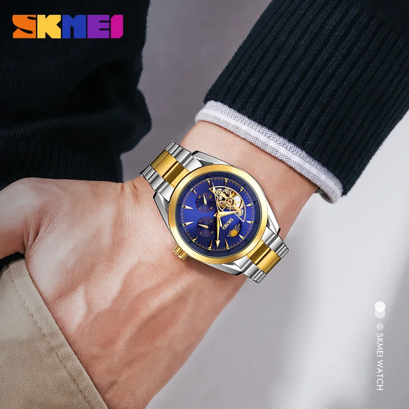 SKMEI Stainless Steel Men Mechanical Watch Luxury Business Original Design Skeleton Hollow Automatic Wristwatches Heren Horloge