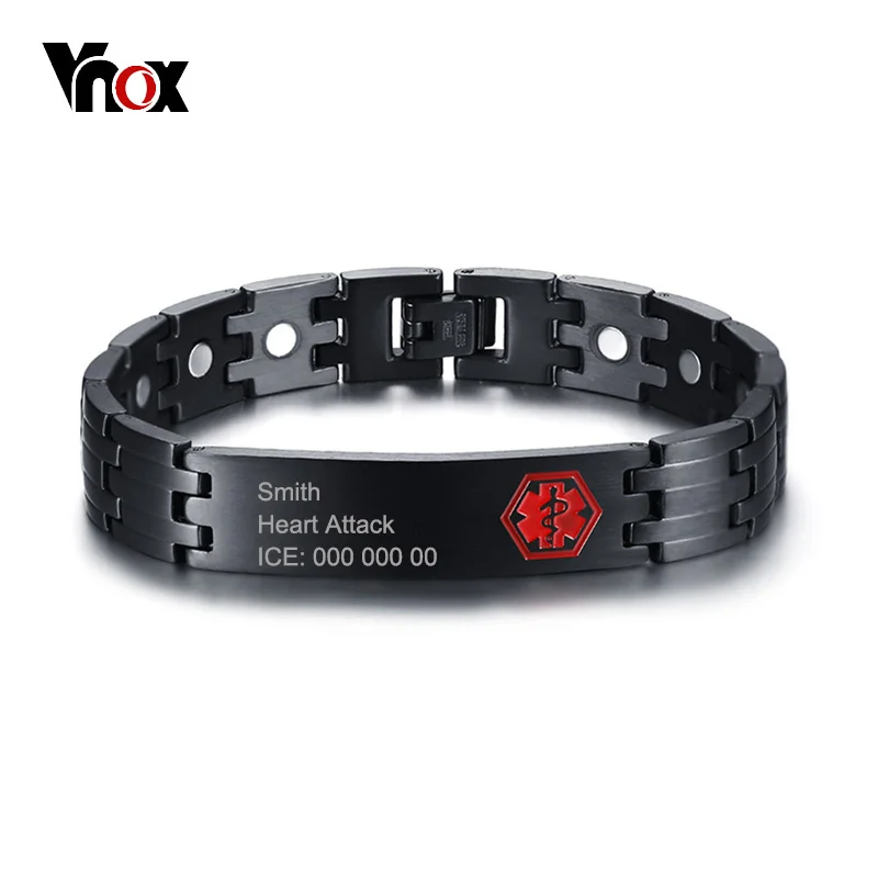 Vnox Free Engraving Medical Alert ID Bracelet for Men Bangle Health Care Energy Stainless Steel Male Jewelry