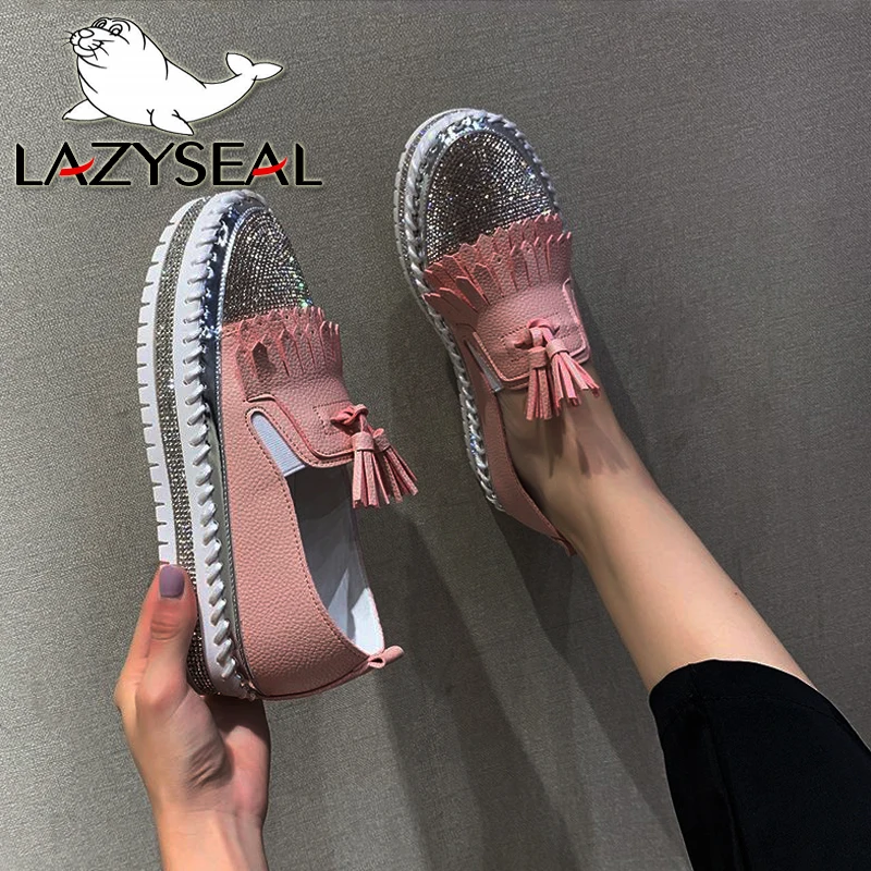 LazySeal 2021 mocassini con frange scarpe donna lusso cristallo Slip on Platform appartamenti Casual Plus Size 43 tacchi piatti Sneakers Mujer