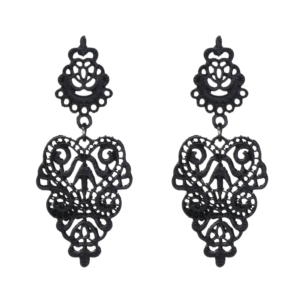 Vintage Bohemian Black Gold Color Hollow Geometric Stud Earrings for Women Ethnic Long Multilayer Earrings Female Party Jewelry