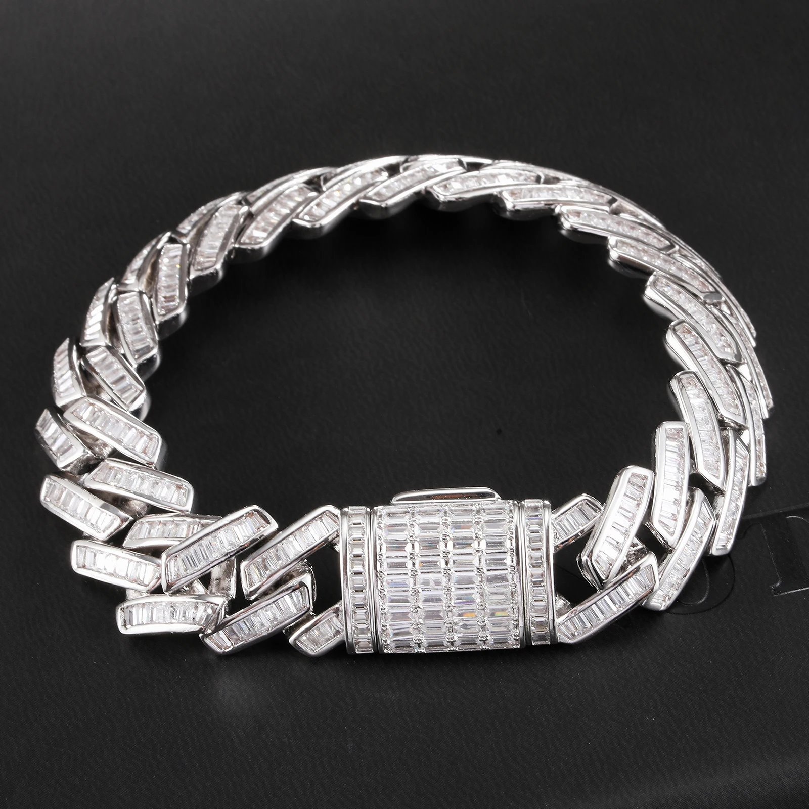 Hip Hop 15MM Baguette Bling Box Buckle Iced Out CZ Copper Setting AAA+ Cubic Zirconia Stones Prong Bracelet For Men Jewelry