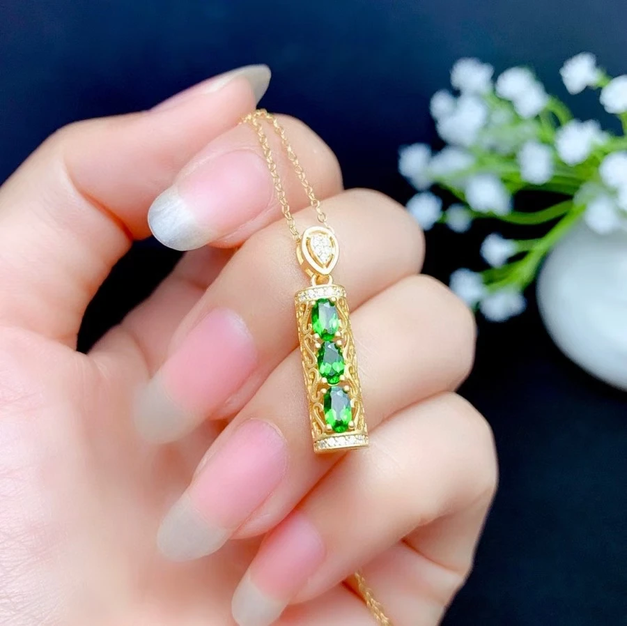 KJJEAXCMY fine jewelry 925 Sterling Silver Electroplated 18K gold inlaid natural diopside girl new Pendant Necklace