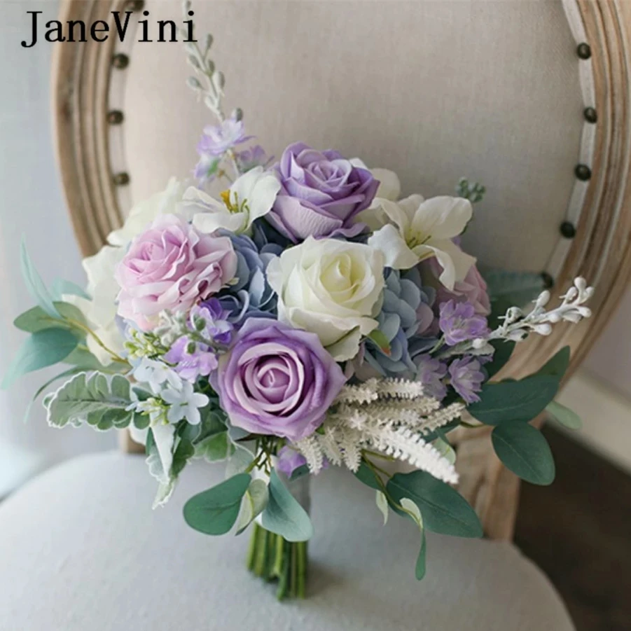 JaneVini Boeket Bloemen Purple Artificial Rose Bride Flower Wedding Bouquet Flowers Bridal Bouquets Accessory Ramo Flores Novia