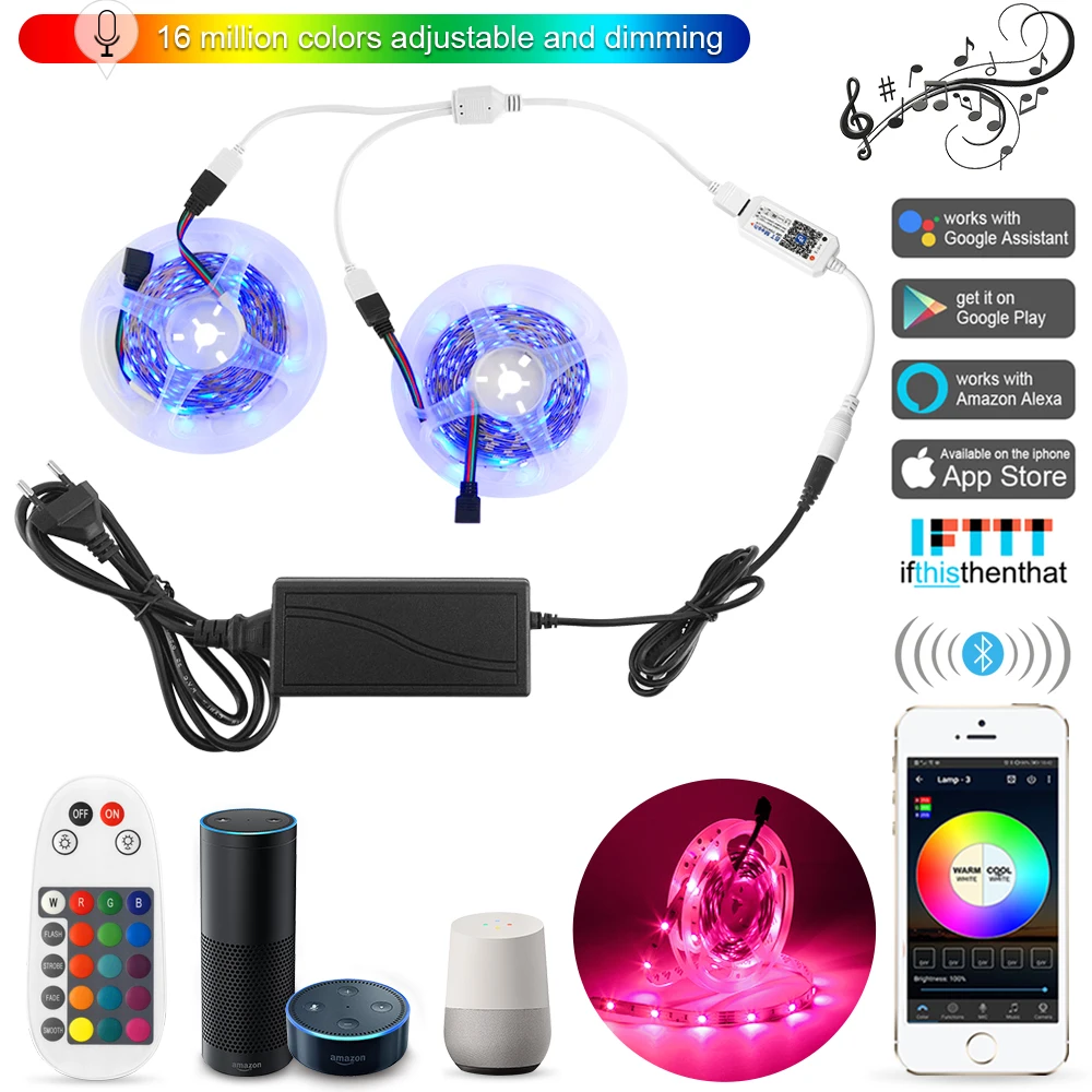 10 Meters Smart 5050 RGB LED Strip Light Set+Bluetooth Mesh APP Controller+Transformer for Alexa Assistant