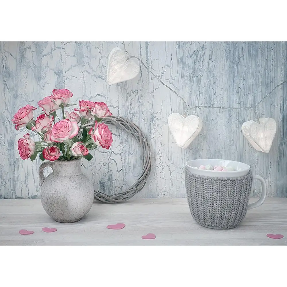 Pink Flowers Vase Cup Heart Photography Background Customized Backdrop for Lovers Valentines Day Wedding Photophone Fond Photo