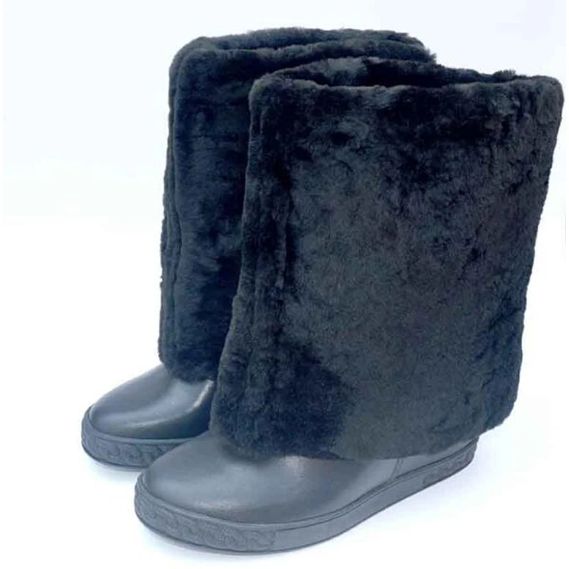 

Lady Black Fur Leather Height Increasing 8 cm Hidden Wedge Heel Round Toe Mid-calf Short Boots Fashion Warming Winter Boots