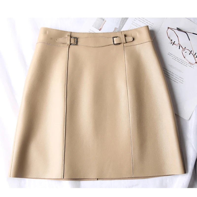 Genuine Leather Sexy Mini Skirt Women 2021 Spring South Korean Fashion High Waist Buttons Retro A-line Skirt