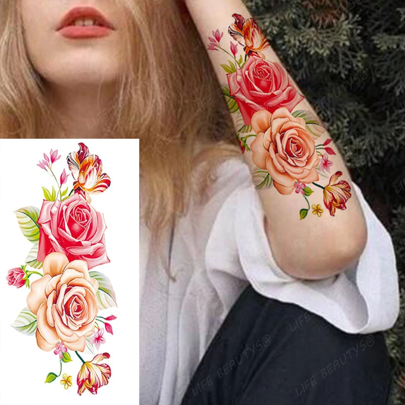 Wasserdicht Temporäre Blume Tattoos Frauen Mode Schönheit Rose Schmetterling Flash 3D Gefälschte Tattoo Arm Hülse Rosa Blau Aufkleber Mädchen