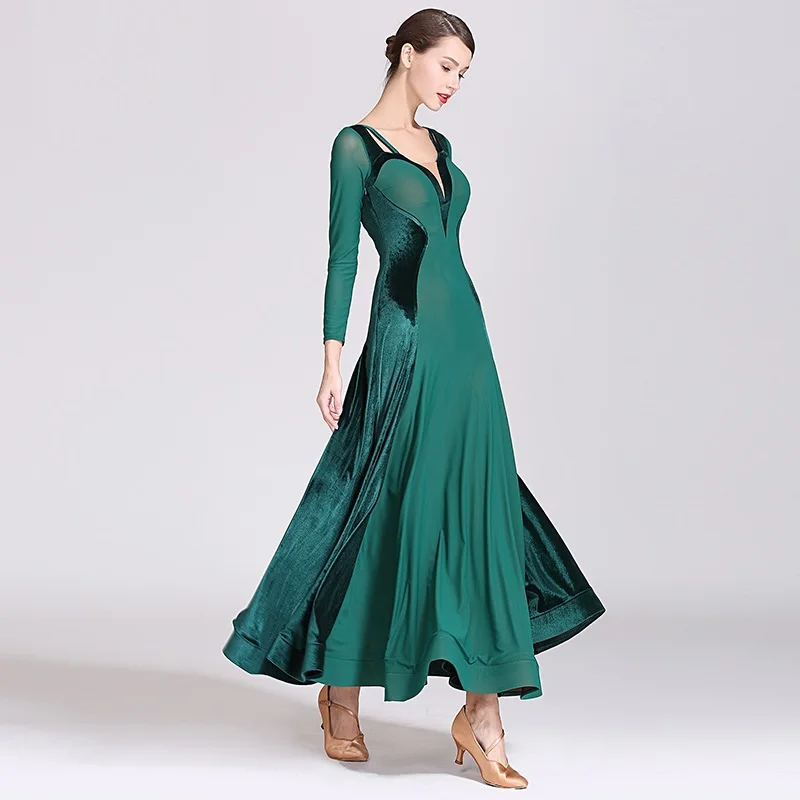 Velvet Splicing Long Dress Fringe Ballroom Dress For Big Dance Standard Women Tango Dress Rumba Dance Costumes Dance Wear