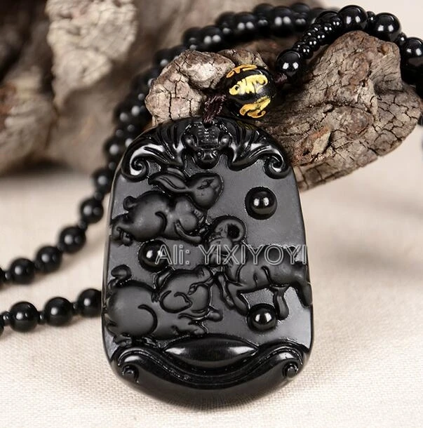 Natural Black Ice Obsidian Carved Chinese Handmade Twelve Zodiac Blessing Amulet Pendant Beads Necklace Trendy Gift Jewelry view 6
