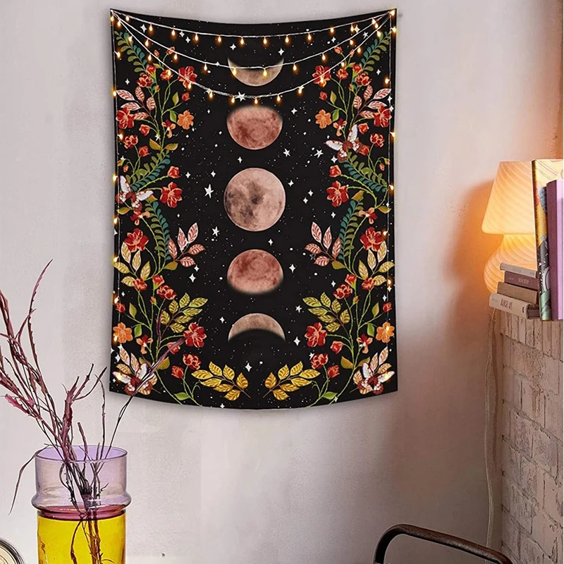 Moonlit Garden Tapestry, Moon Phase Surrounded by Vines and Flowers Black Wall Decor Tapestry 95*73cm