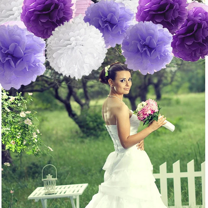 Décorations de fête de mariage, ballon en Latex violet lavande, bannière en papier Pom poms fleur, fournitures d'anniversaire