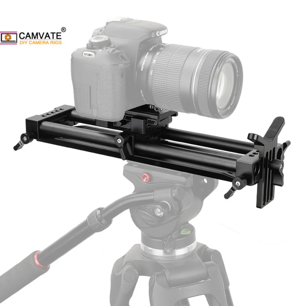 Piastra QR CAMVATE Manfrotto con piastra ponte inferiore e guida scorrevole a doppia asta da 15mm e supporto obiettivo progettato per riprese a fuoco lungo