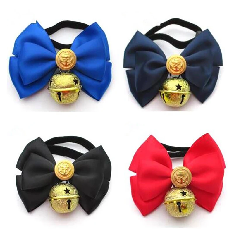 

New Design Handmade Pet Bow Tie Puppy Large Dog Cat Bow Tie Bowtie Fashion With Golden Bells Navy Buttons 4 Sizes