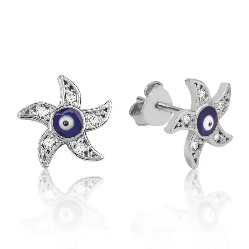 Silver Evil Eye Starfish Stud Earrings 925 Sterling Women for Jewelry Wedding Party Birthday Gift - Box - Fashion Girl Accessories