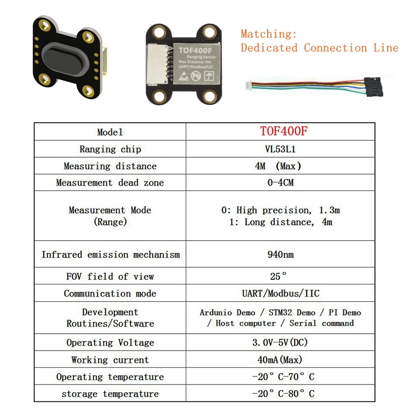 TOF200F TOF400F TOF050F Laser Range Sensor Module 50cm/2M/4M Distance Sensor Serial Port UART/Modbus/I2C IIC Mode Output DC3-5V