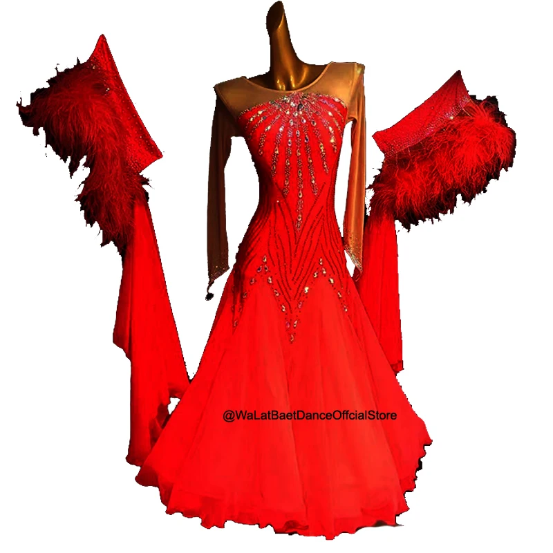 Vestido de baile de salón de vals y Tango de competición moderna de plumas rojas, vestido de baile estándar de manga larga para niñas y mujeres, disfraces Bule