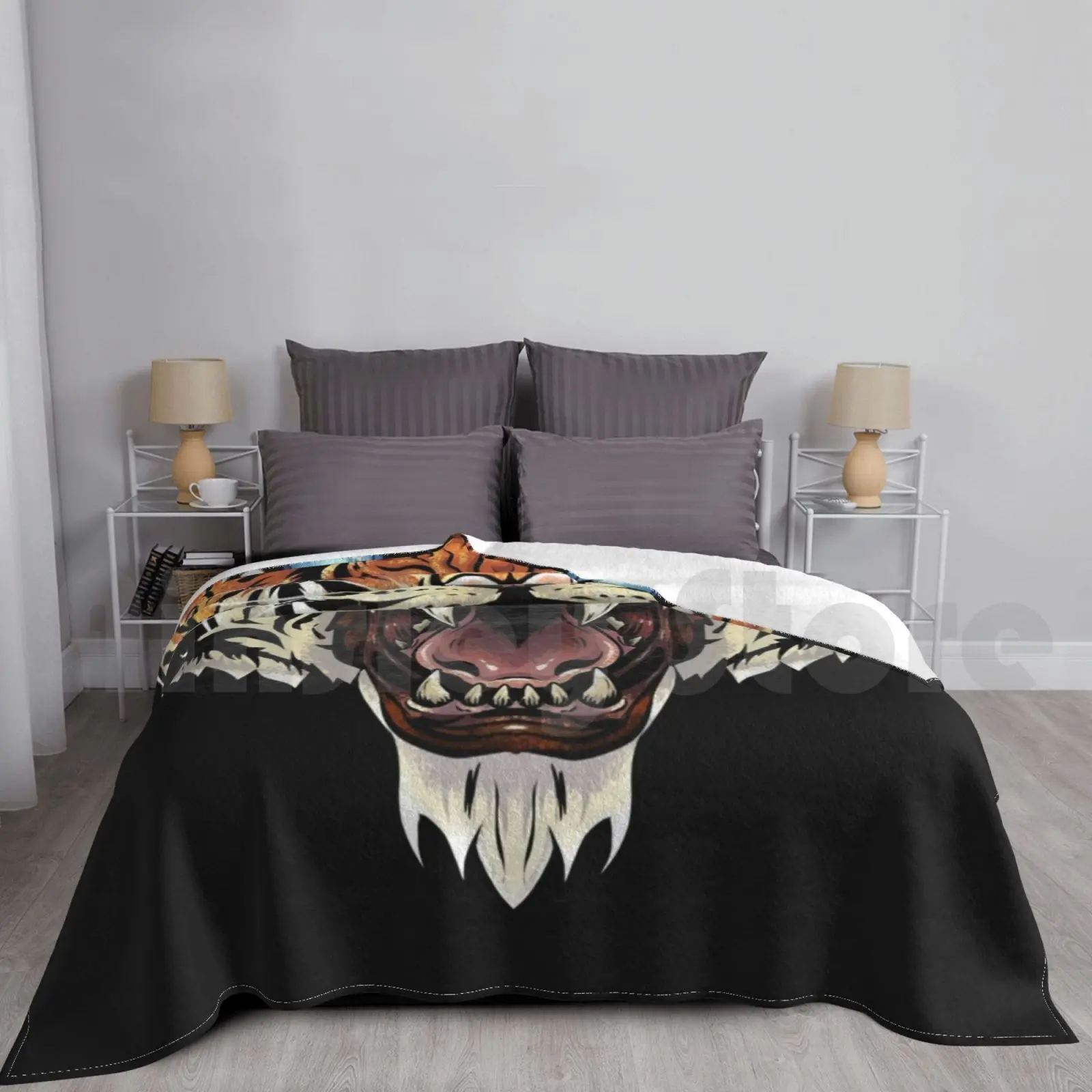 

Tiger Blanket Fashion Custom Tiger Tattoo Tribal Orange Stripes Stippling Fierce Powerful Teeth Mouth Scary