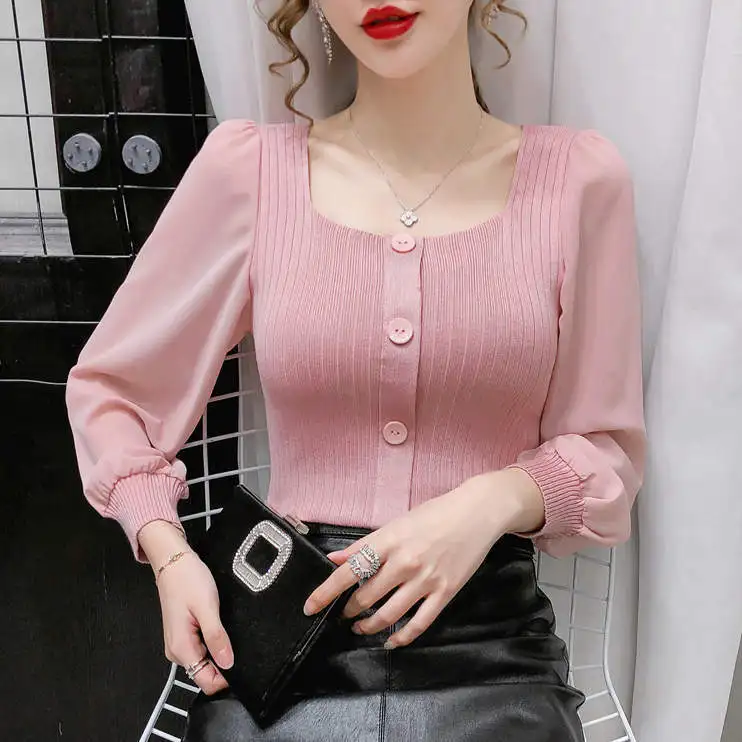 Autumn Square Collar Puff Sleeve Top Women's Slim-Fit Long Sleeve Blusas Ropa De Mujer