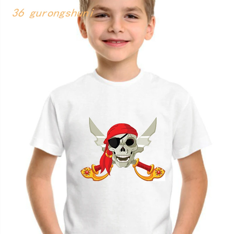 การ์ตูนเด็ก T เสื้อเด็กชายเสื้อผ้าเด็กผู้หญิงเสื้อผ้าเด็กสาว Tshirt Kawaii Skull Pirate Parrot กราฟิก Tee เสื้อยืด