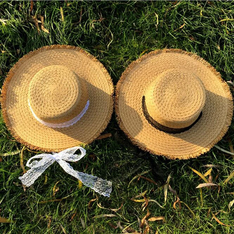 

New Summer Straw Hat Women Wide Brim Sun Protection Beach Hat Lace Ribbon Bowknot Straw Cap Casual Ladies Flat Top Panama Hat