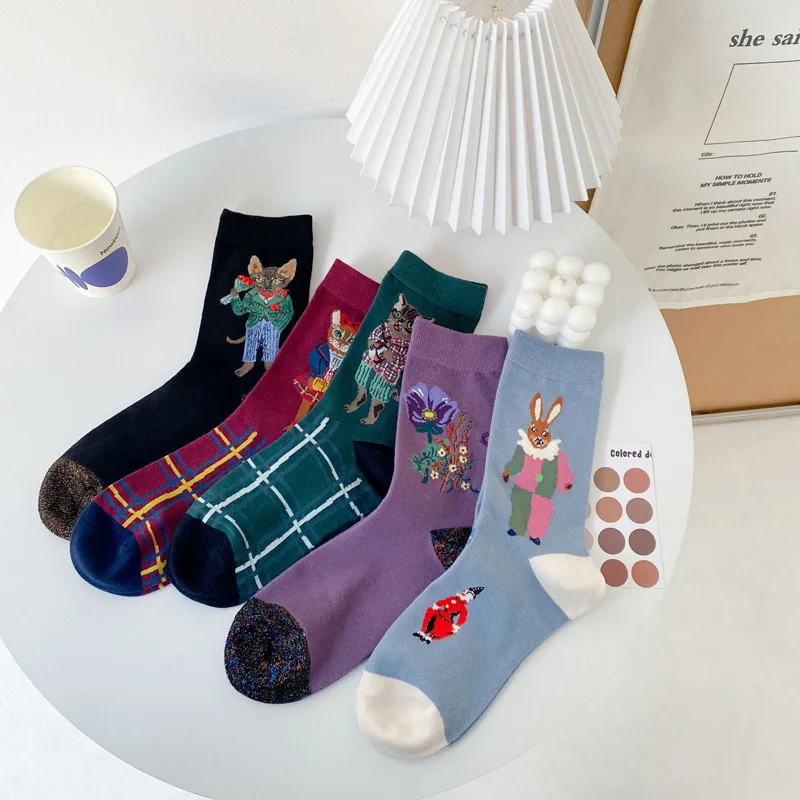 Chaussettes mi-mollet en coton pour femmes, design coréen, chat mignon, personnalité de lapin, nouveauté drôle, femme, AB, SLaura, rel